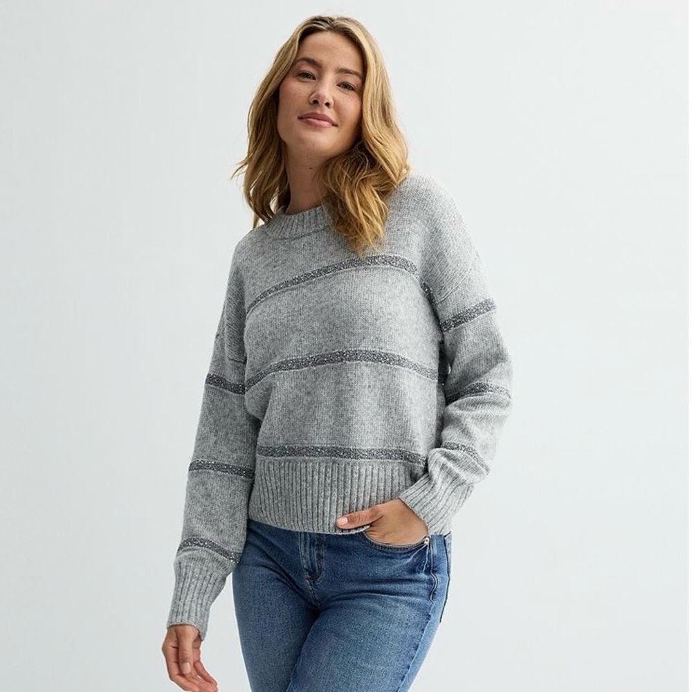 Sonoma Goods for Life Gray Sequin Striped Crewneck Sweater